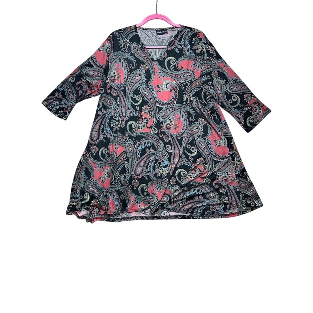 Southern Charm Womens 3XL Paisley V-Neck 3/4 Sleeve A-Line Tunic Top Black Coral